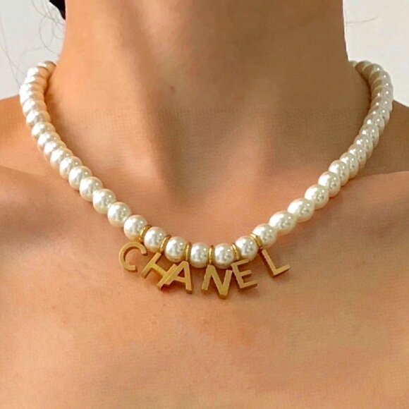 CHANEL Jewelry - Chanel Pearl & Gold Letter Logo Choker Necklace